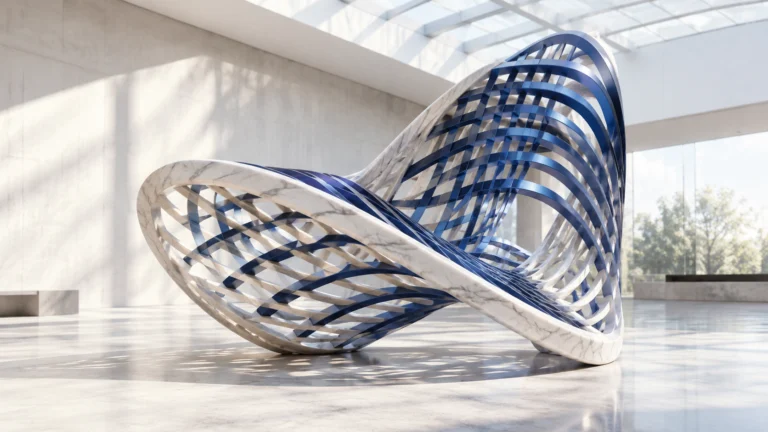 Abstract woven marble and titanium lattice sculpture in indigo tones for JRW Finance Broker Notes, 24 October 2026