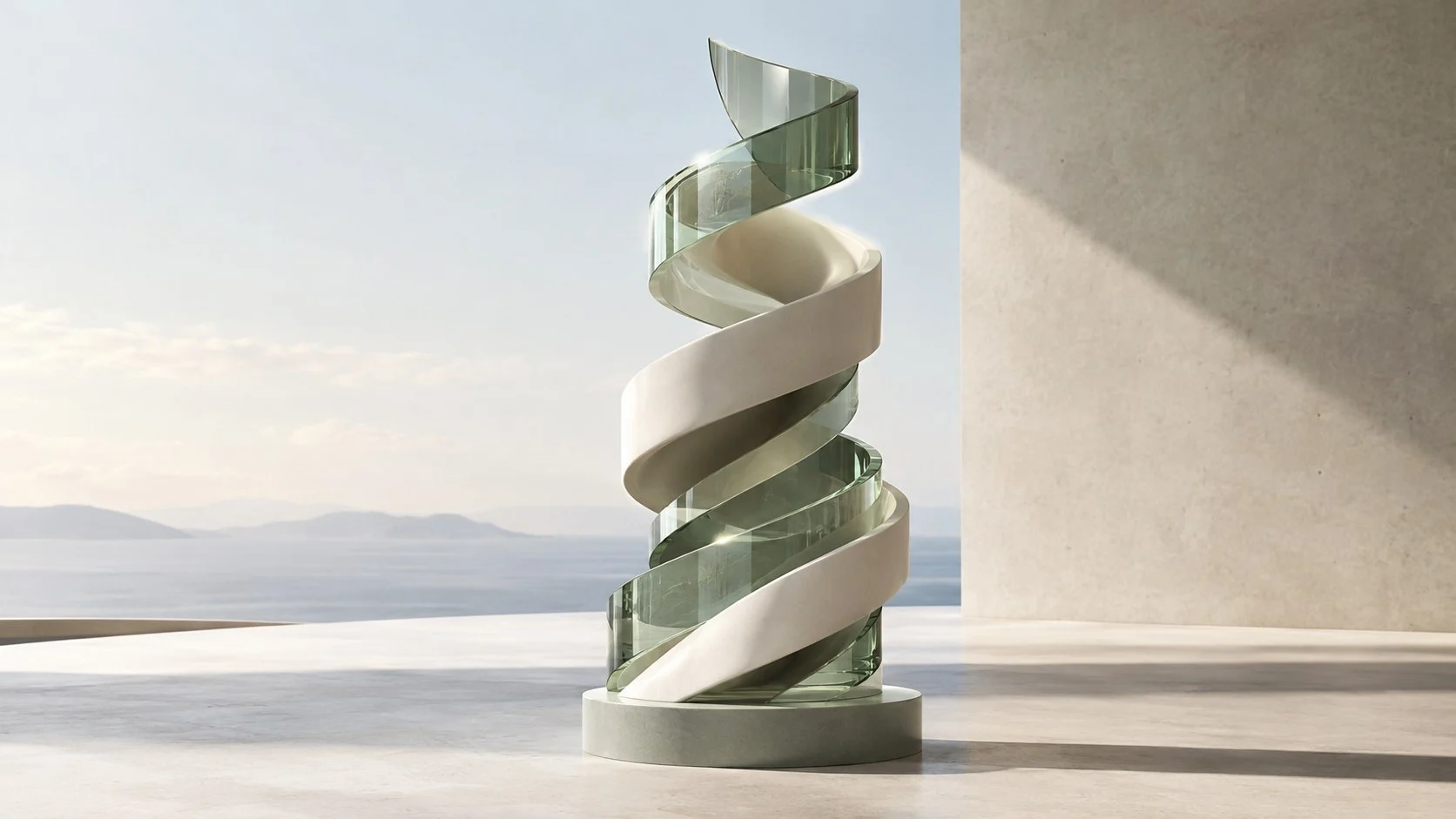 Abstract sage and porcelain helical sculpture for the JRW Finance article on refinancing when you fail a lender's serviceability test